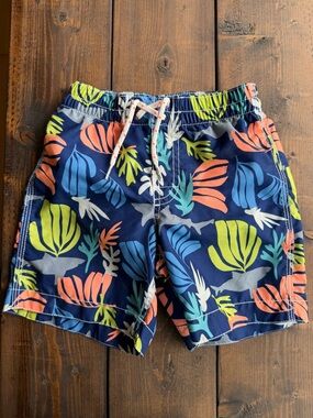 GAP Navy Swim Trunks with Coral, Lime & Teal Tropical Print